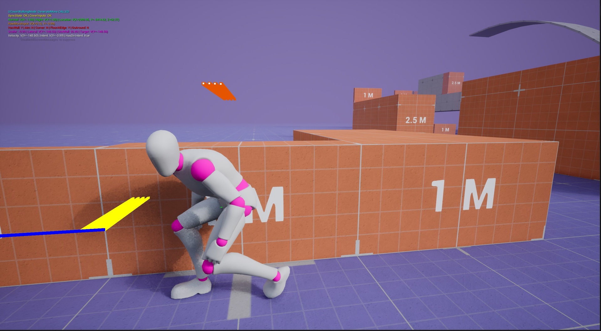 Half cover crouch pose behind a 1m wall, with GenerateMove debug output showing wall and corner state