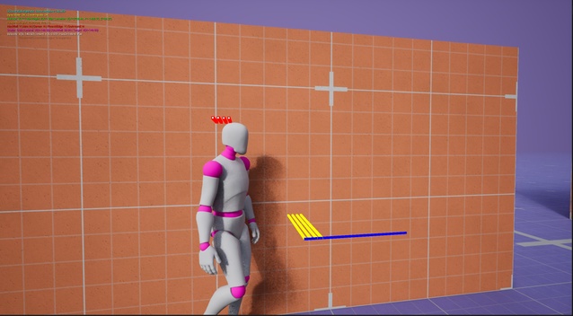 Character shimmying along a wall, debug lines showing wall normal and lateral movement target